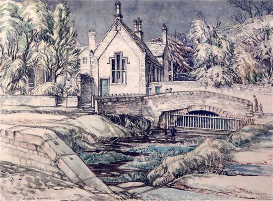 Edgar Owen Jennings(1899-?) Old stone house viewed from across a river, 12 x 16.5in.